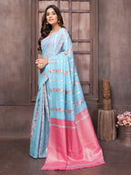 Janasya Light Blue Cotton Ethnic Print Jacquard Saree | Grocsy