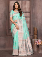 Janasya Light Blue Cotton Linen Paisley Woven Saree | Grocsy