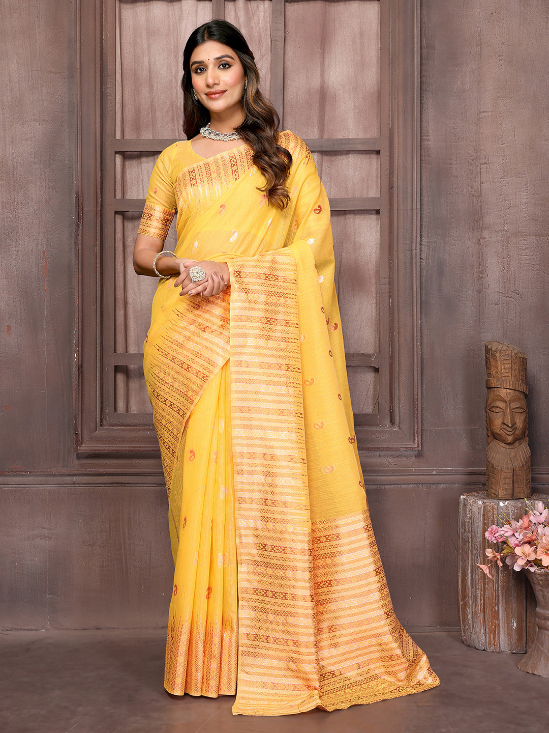 Janasya Yellow Cotton Linen Paisley Woven Saree | Grocsy