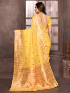 Janasya Yellow Cotton Linen Paisley Woven Saree | Grocsy