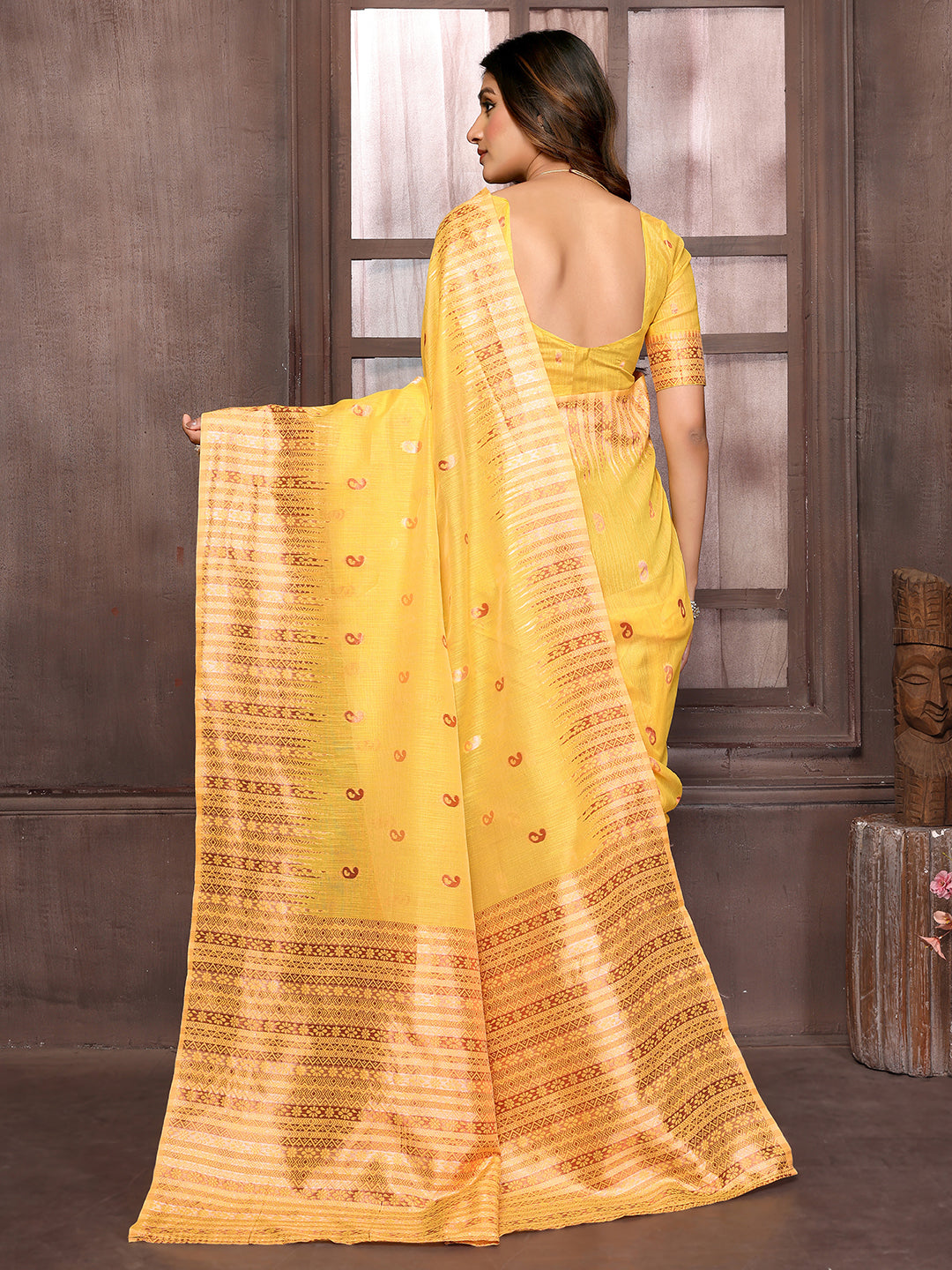 Janasya Yellow Cotton Linen Paisley Woven Saree | Grocsy