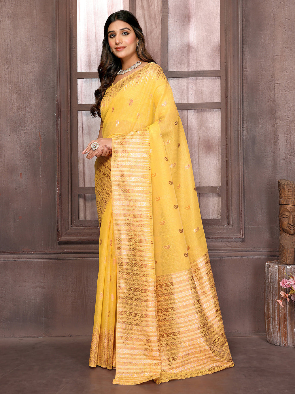 Janasya Yellow Cotton Linen Paisley Woven Saree | Grocsy