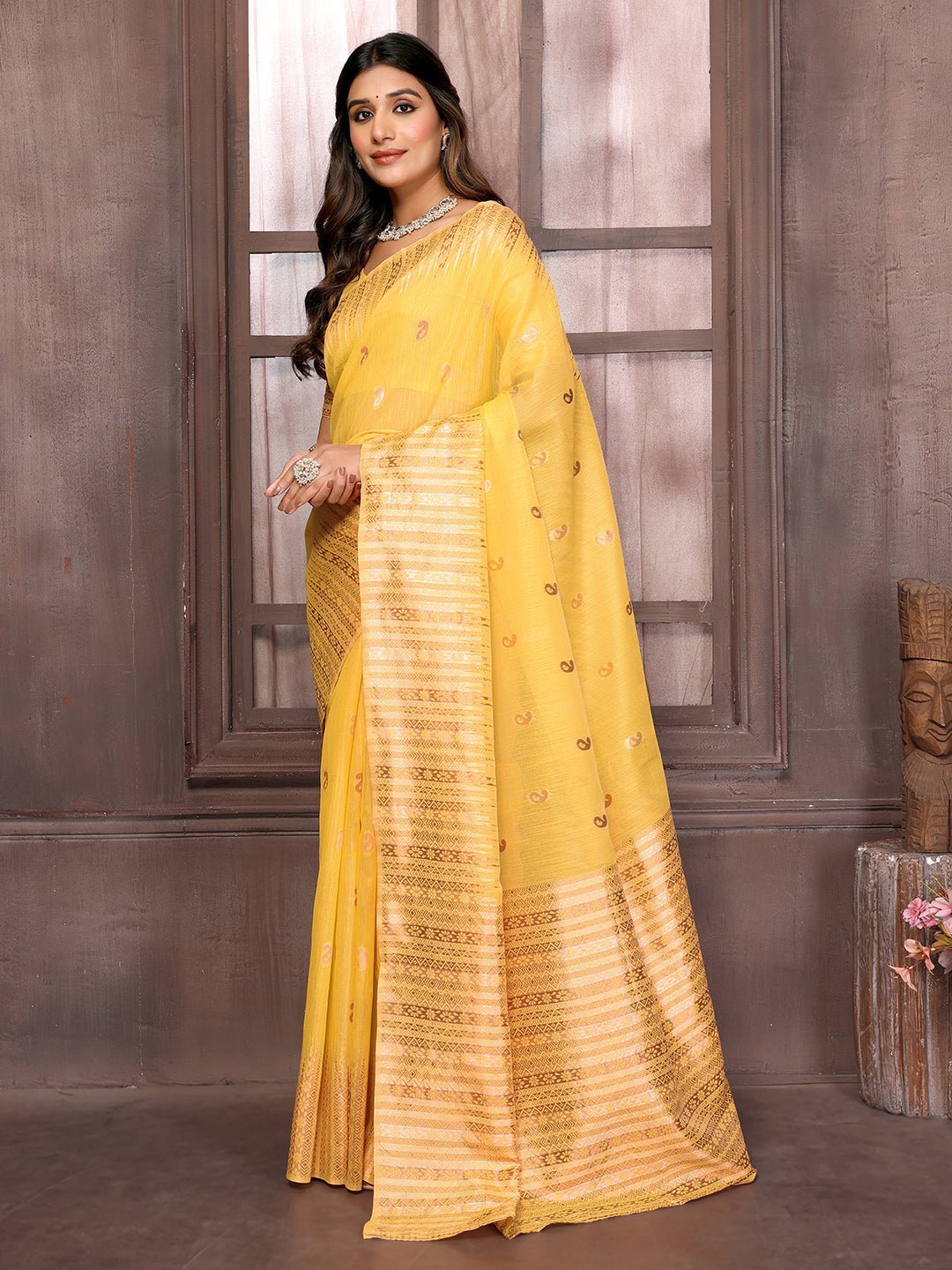 Janasya Yellow Cotton Linen Paisley Woven Saree | Grocsy