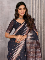 Janasya Black Cotton Linen Geometric Woven Saree | Grocsy
