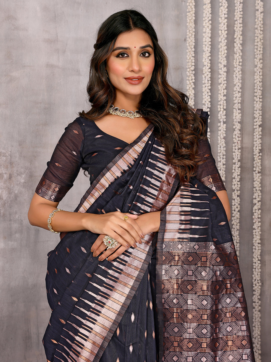 Janasya Black Cotton Linen Geometric Woven Saree | Grocsy