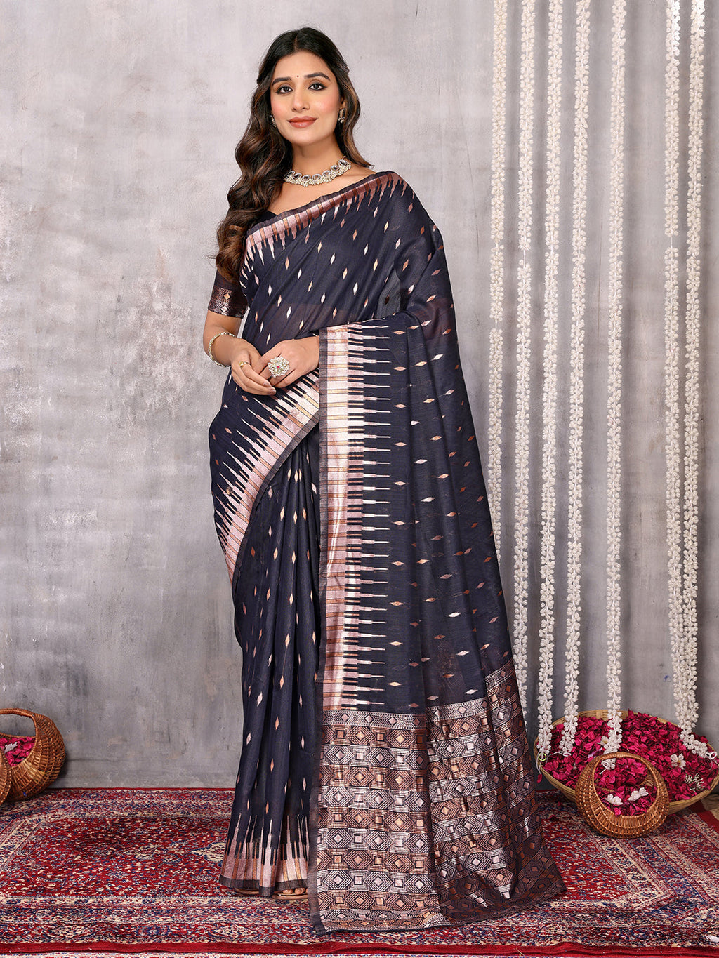 Janasya Black Cotton Linen Geometric Woven Saree | Grocsy
