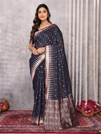 Janasya Black Cotton Linen Geometric Woven Saree | Grocsy