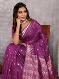 Janasya Purple Cotton Linen Geometric Woven Saree | Grocsy