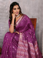 Janasya Purple Cotton Linen Geometric Woven Saree | Grocsy