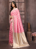 Janasya Pink Cotton Ethnic Motifs Woven Saree | Grocsy