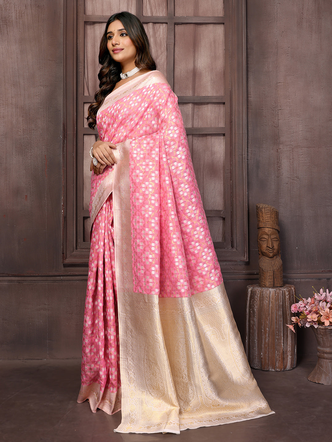Janasya Pink Cotton Ethnic Motifs Woven Saree | Grocsy