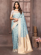 Janasya Light Blue Cotton Ethnic Motifs Woven Saree | Grocsy