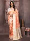 Janasya Peach Cotton Geometric Woven Saree | Grocsy