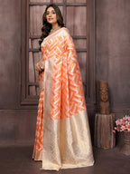 Janasya Peach Cotton Geometric Woven Saree | Grocsy