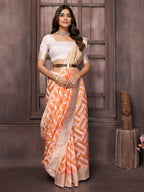 Janasya Peach Cotton Geometric Woven Saree | Grocsy