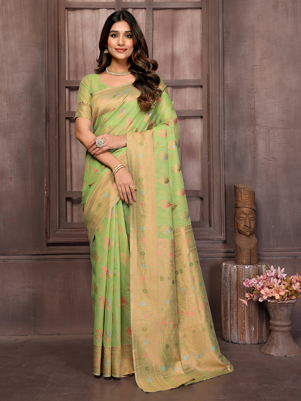 Janasya Green Cotton Linen Ethnic Print Kanjivaram Saree | Grocsy