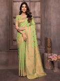 Janasya Green Cotton Linen Ethnic Print Kanjivaram Saree | Grocsy