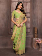 Janasya Green Cotton Linen Ethnic Print Kanjivaram Saree | Grocsy