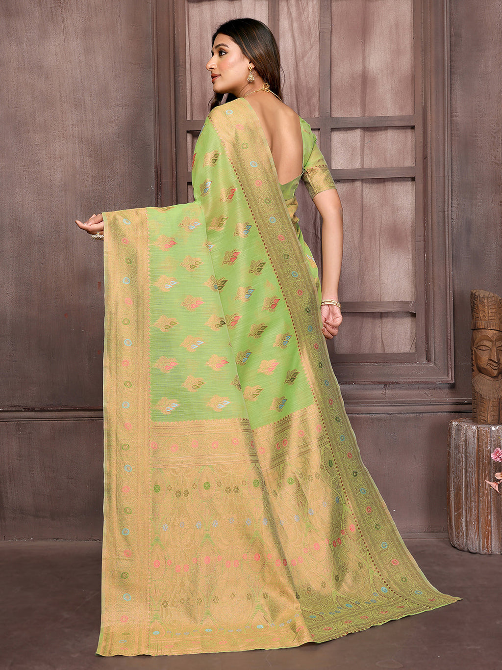 Janasya Green Cotton Linen Ethnic Print Kanjivaram Saree | Grocsy