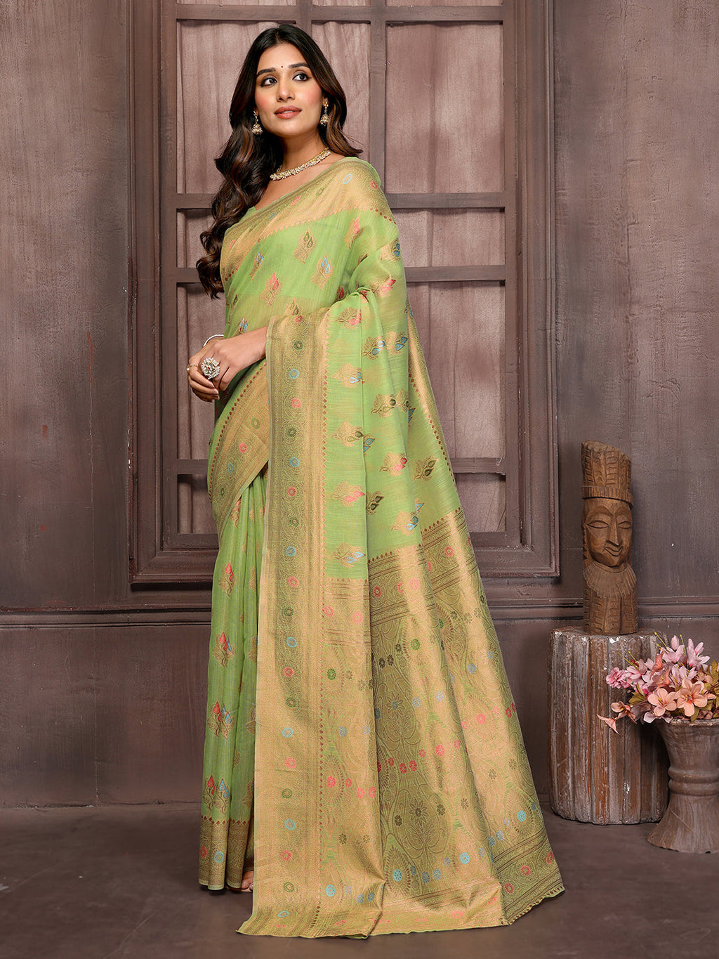 Janasya Green Cotton Linen Ethnic Print Kanjivaram Saree | Grocsy