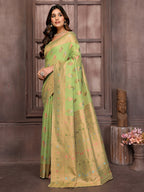 Janasya Green Cotton Linen Ethnic Print Kanjivaram Saree | Grocsy