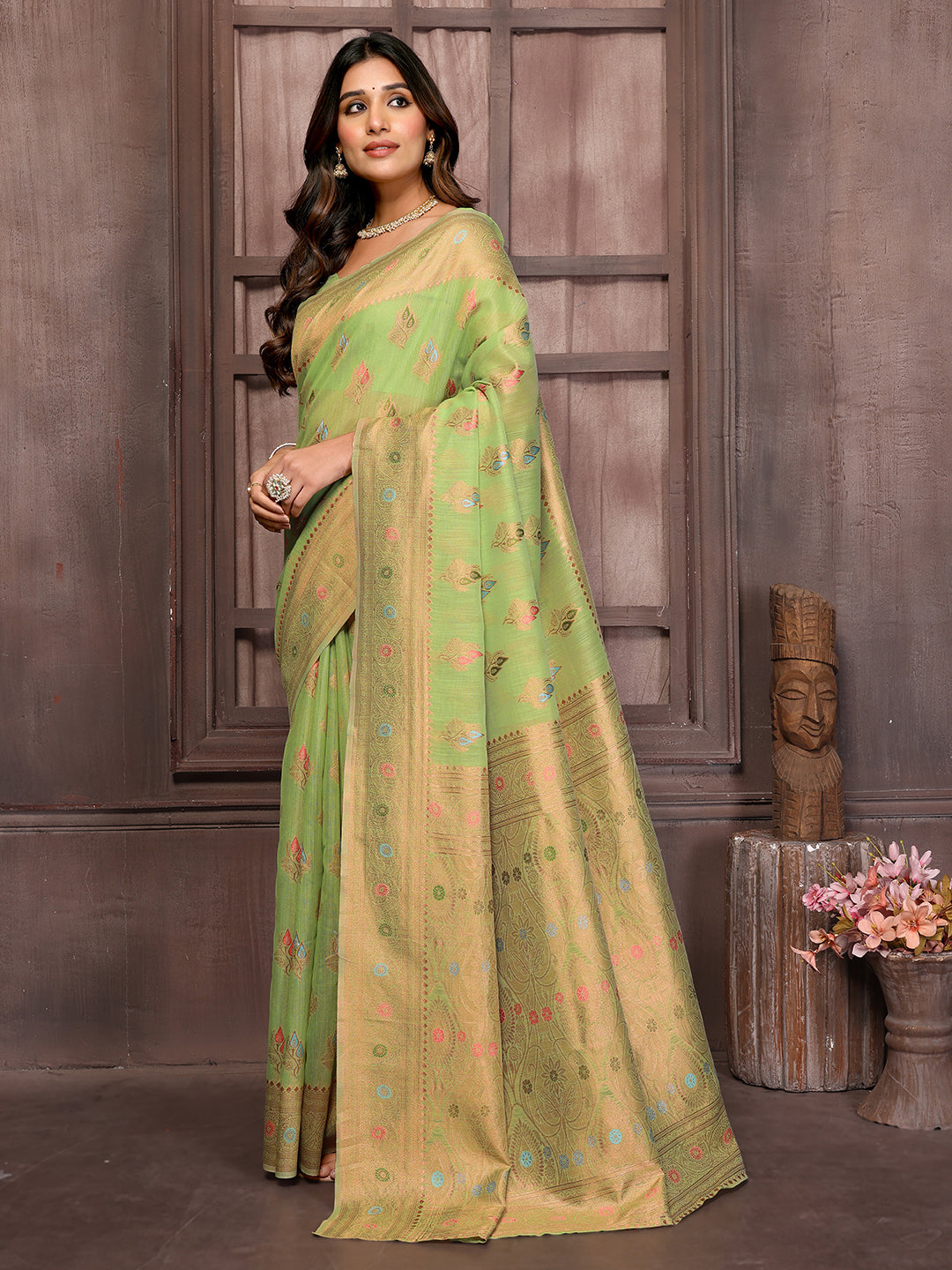Janasya Green Cotton Linen Ethnic Print Kanjivaram Saree | Grocsy