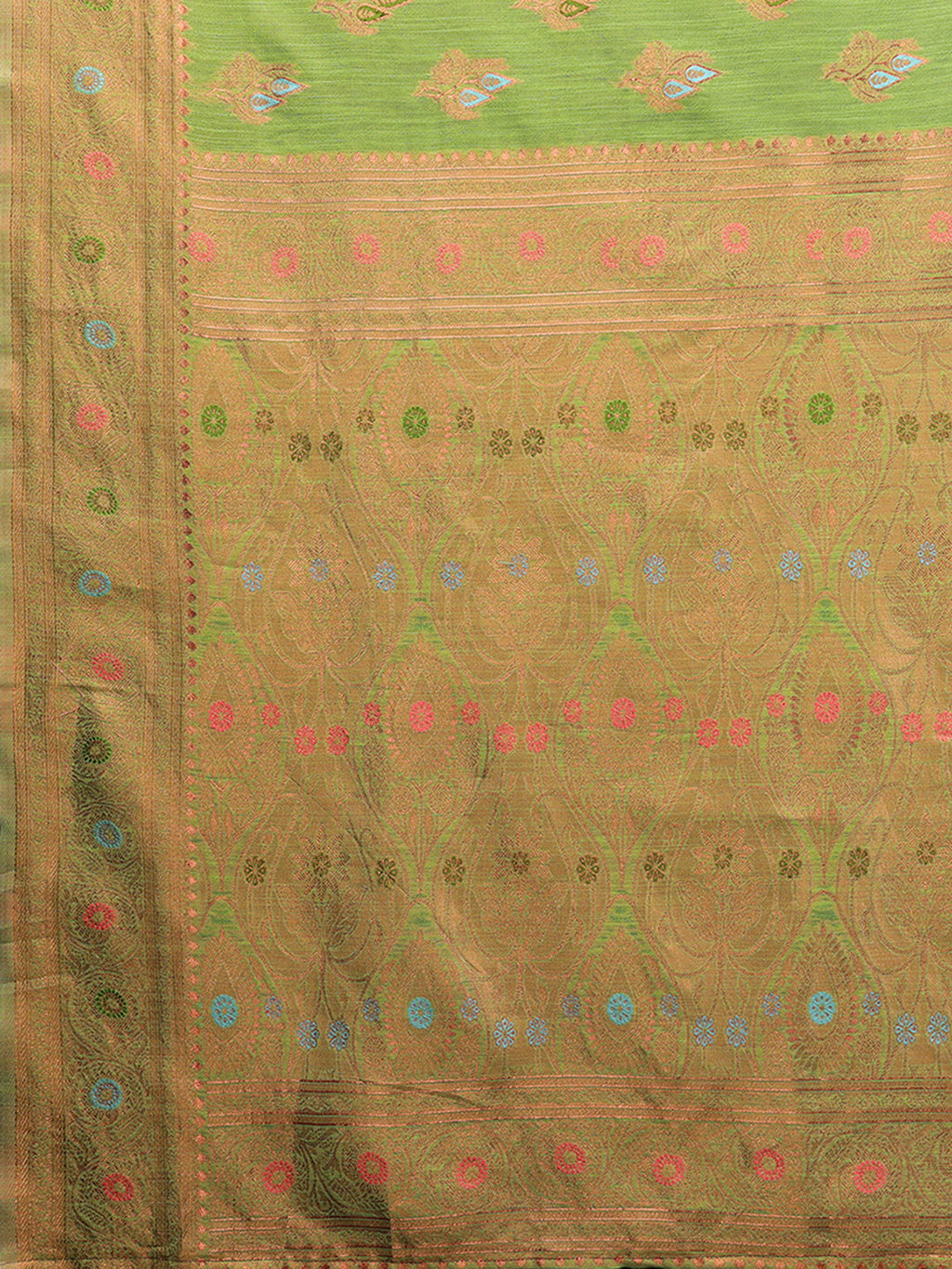 Janasya Green Cotton Linen Ethnic Print Kanjivaram Saree | Grocsy
