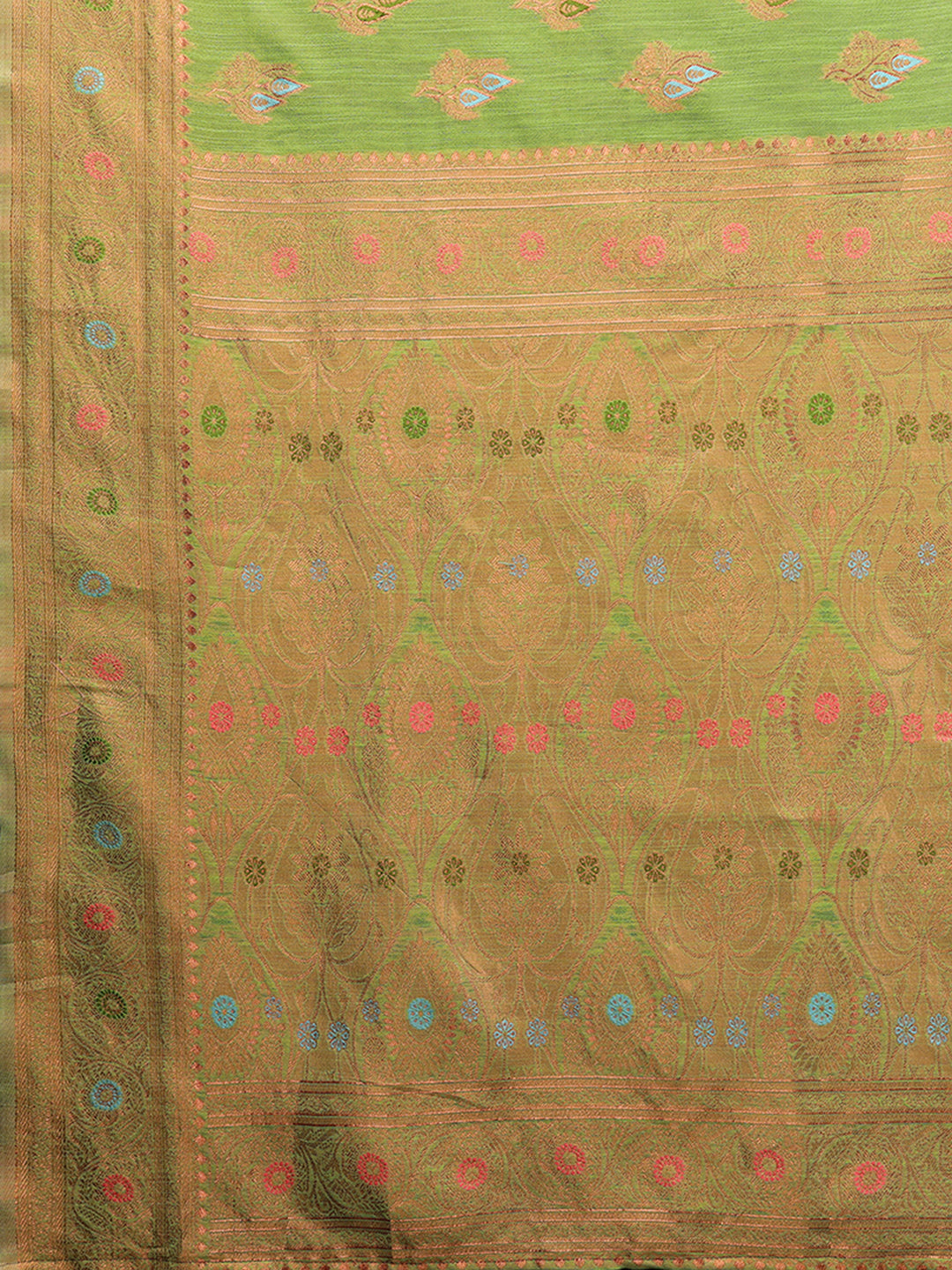 Janasya Green Cotton Linen Ethnic Print Kanjivaram Saree | Grocsy