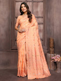 Janasya Peach Cotton Linen Ethnic Print Kanjivaram Saree | Grocsy