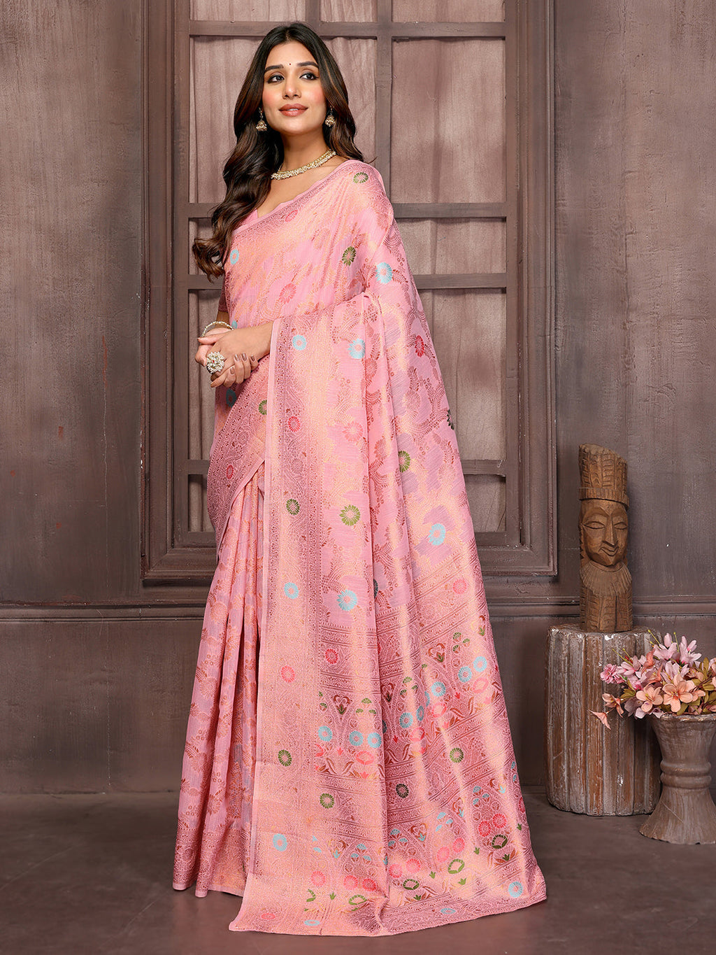 Janasya Pink Cotton Linen Floral Woven Saree | Grocsy