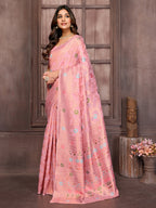 Janasya Pink Cotton Linen Floral Woven Saree | Grocsy