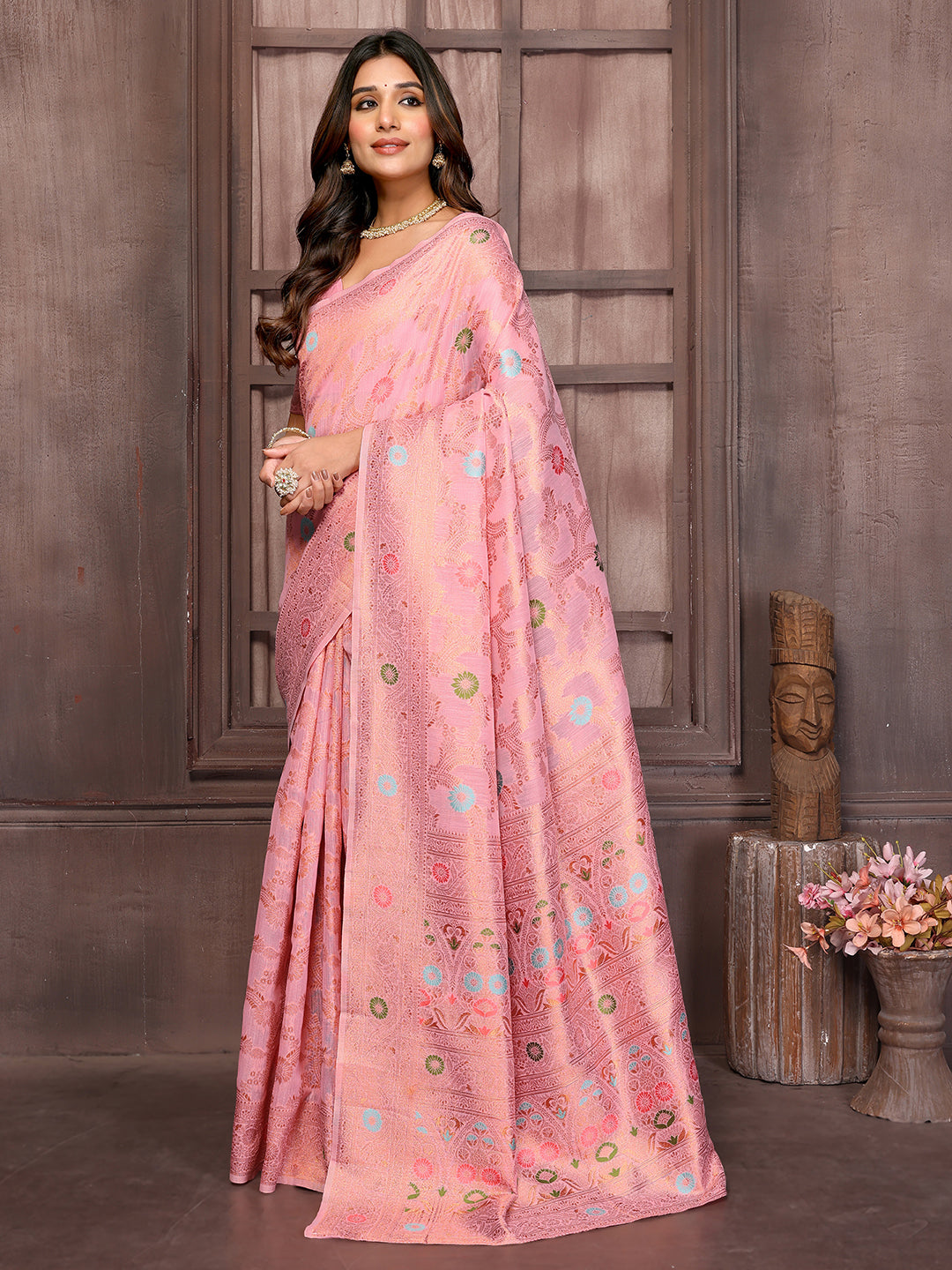 Janasya Pink Cotton Linen Floral Woven Saree | Grocsy