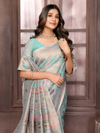 Janasya Light Blue Cotton Linen Floral Woven Saree | Grocsy