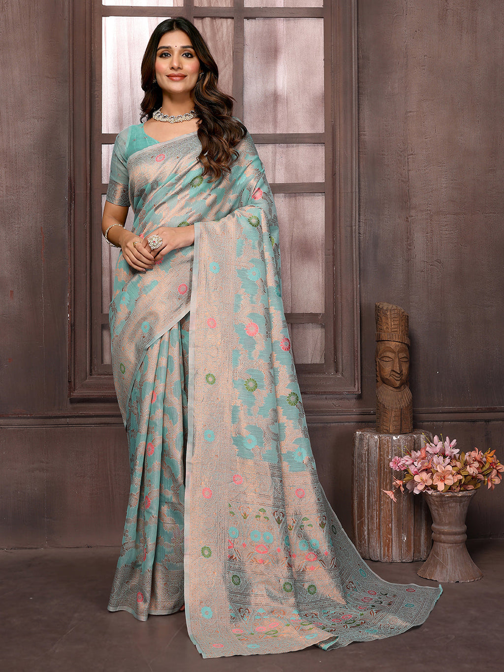 Janasya Light Blue Cotton Linen Floral Woven Saree | Grocsy