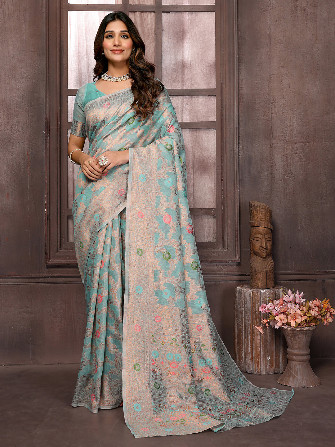 Janasya Light Blue Cotton Linen Floral Woven Saree | Grocsy