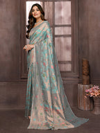 Janasya Light Blue Cotton Linen Floral Woven Saree | Grocsy