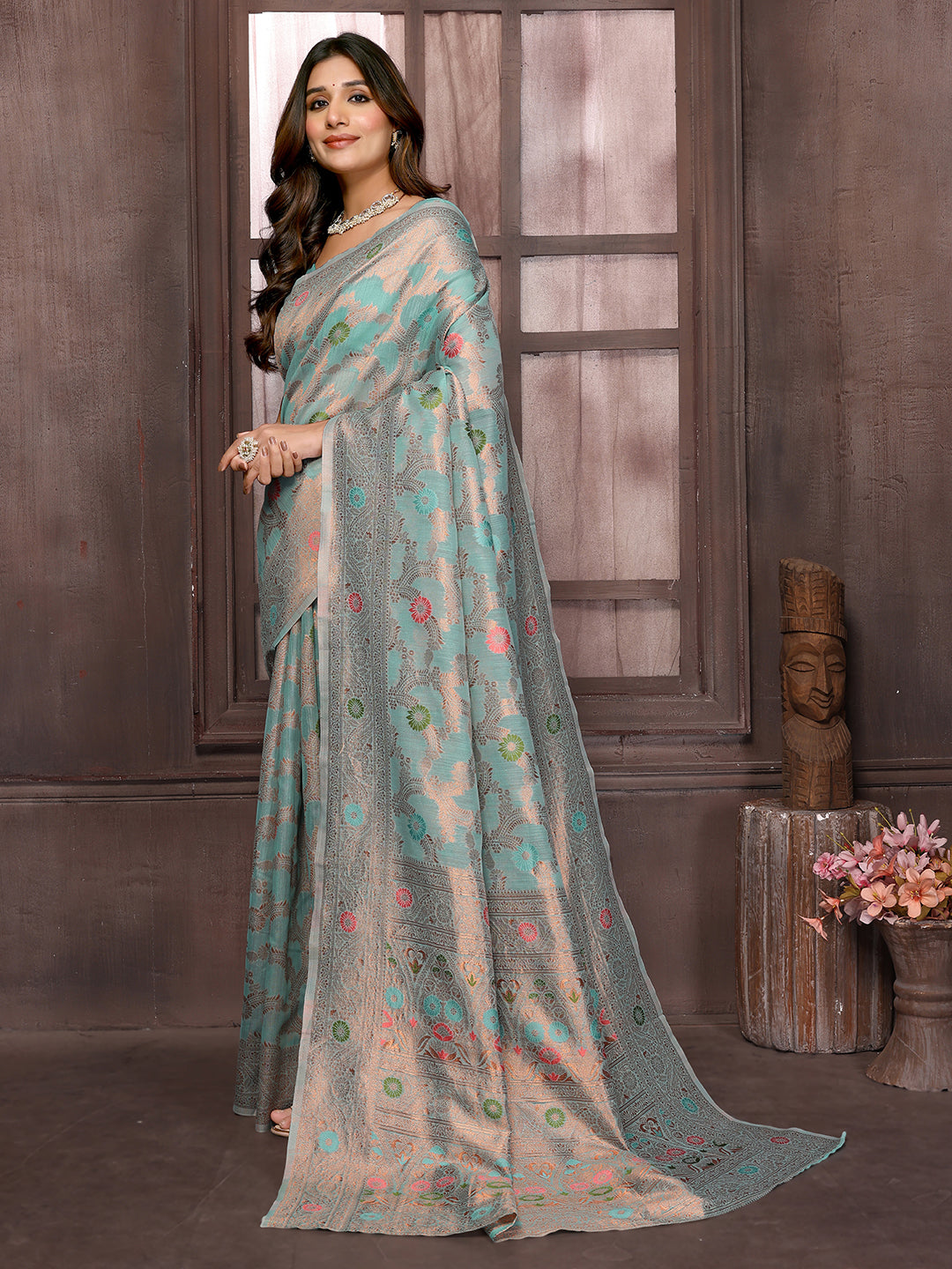 Janasya Light Blue Cotton Linen Floral Woven Saree | Grocsy