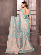 Janasya Light Blue Cotton Linen Floral Woven Saree | Grocsy