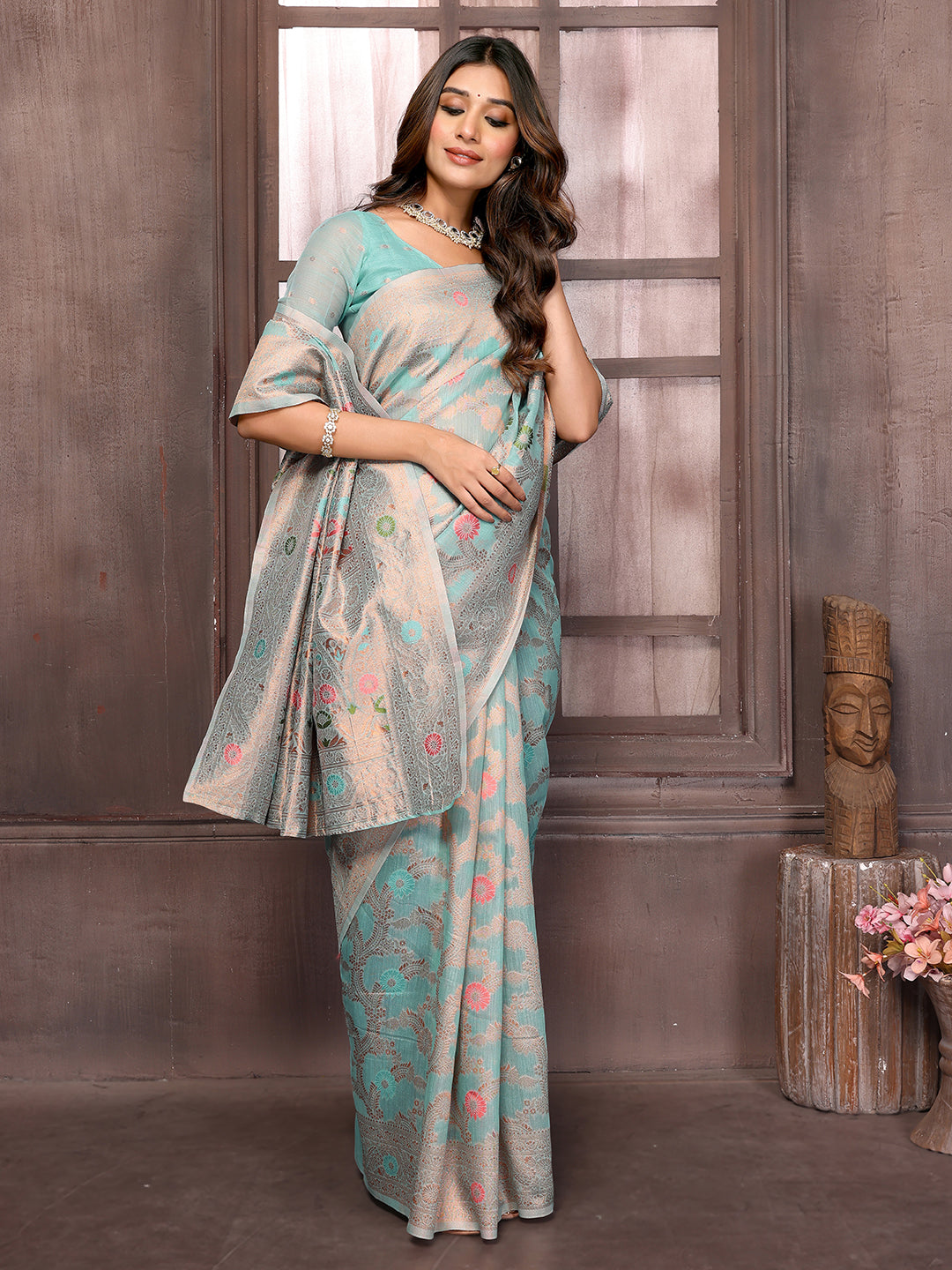 Janasya Light Blue Cotton Linen Floral Woven Saree | Grocsy