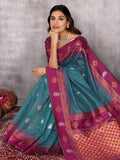 Janasya Teal Blue Cotton Linen Paisley Woven Saree | Grocsy