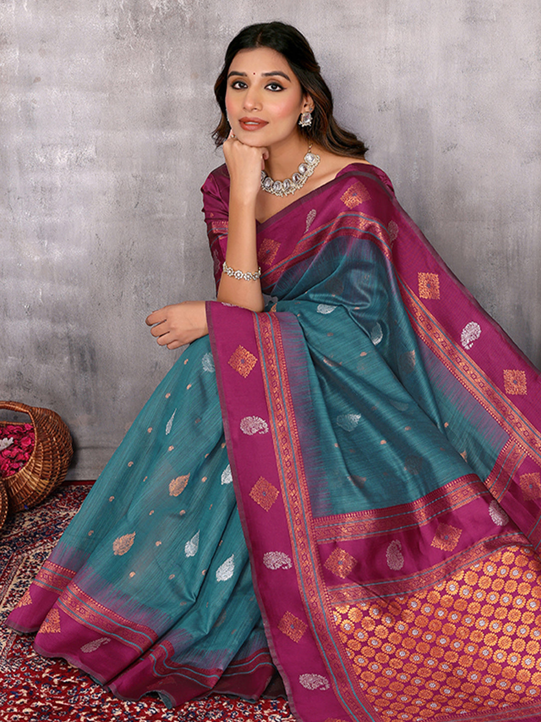 Janasya Teal Blue Cotton Linen Paisley Woven Saree | Grocsy