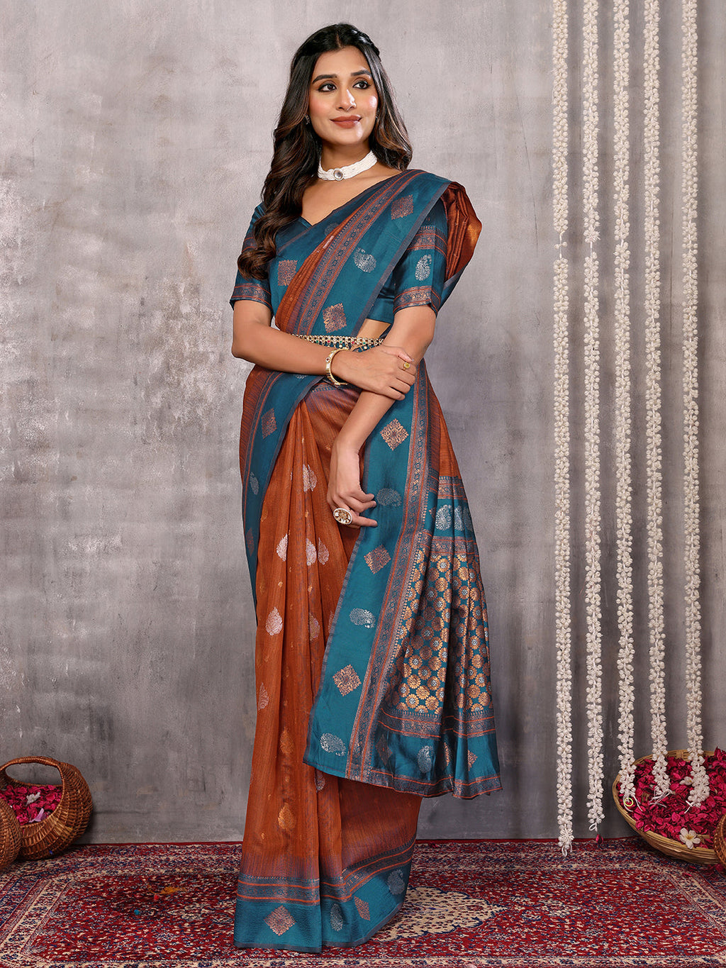 Janasya Rust Cotton Linen Paisley Kanjivaram Saree | Grocsy