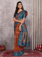 Janasya Rust Cotton Linen Paisley Kanjivaram Saree | Grocsy