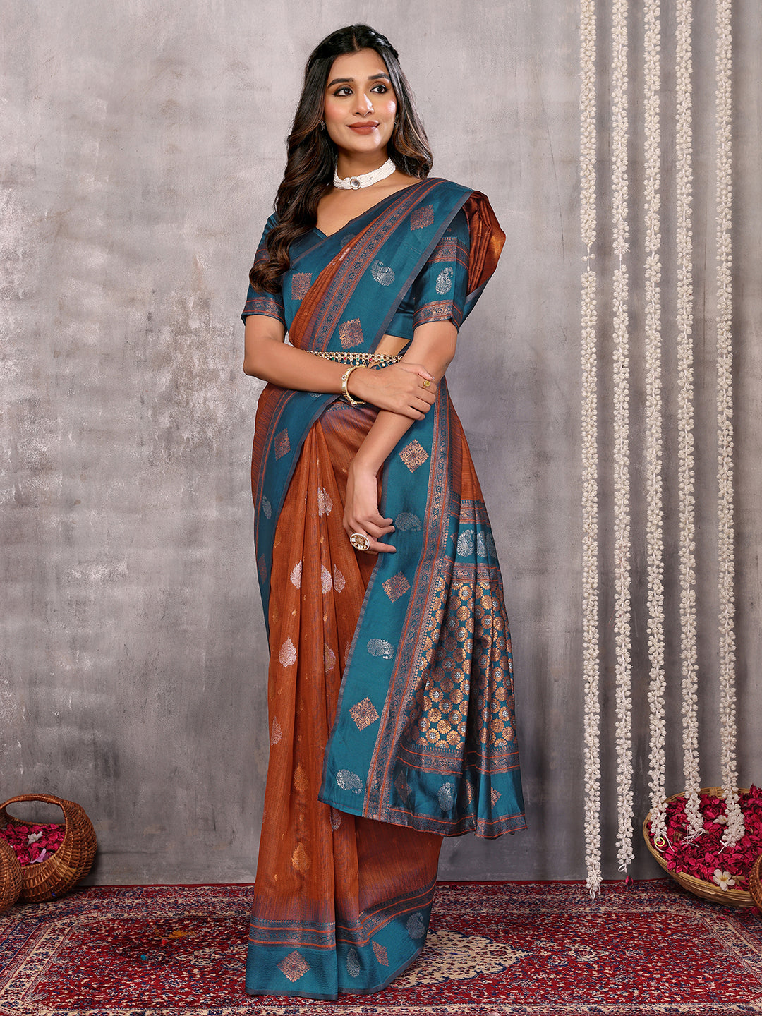 Janasya Rust Cotton Linen Paisley Kanjivaram Saree | Grocsy