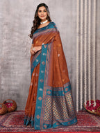 Janasya Rust Cotton Linen Paisley Kanjivaram Saree | Grocsy