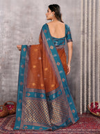 Janasya Rust Cotton Linen Paisley Kanjivaram Saree | Grocsy