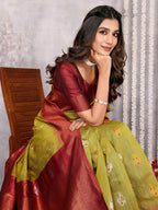 Janasya Mehndi Green Cotton Linen Ethnic Motifs Kanjivaram Saree | Grocsy