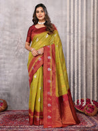 Janasya Mehndi Green Cotton Linen Ethnic Motifs Kanjivaram Saree | Grocsy