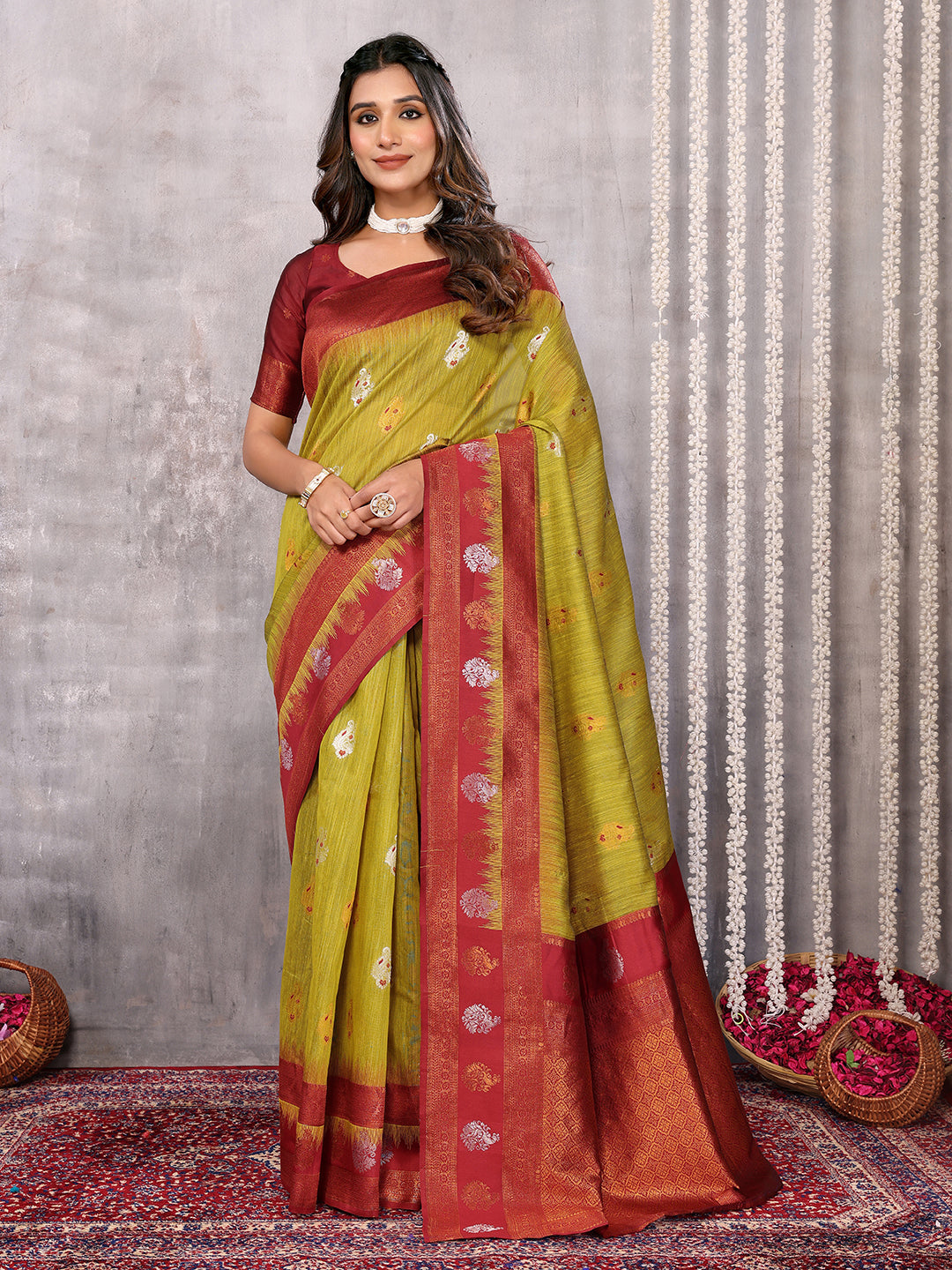 Janasya Mehndi Green Cotton Linen Ethnic Motifs Kanjivaram Saree | Grocsy