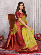 Janasya Mehndi Green Cotton Linen Ethnic Motifs Kanjivaram Saree | Grocsy